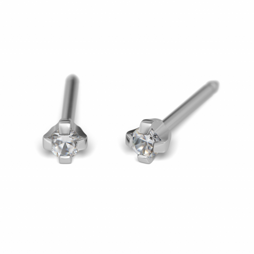 18kt Erstohlstecker 2mm Kristall, GG Rhodiniert für Ohrlochstechen ®️studex